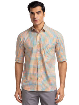 ColorPlus - Men Tailored Fit Cotton Checks Orange Casual Shirt