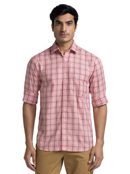 ColorPlus - Men Tailored Fit Cotton Checks Peach Casual Shirt
