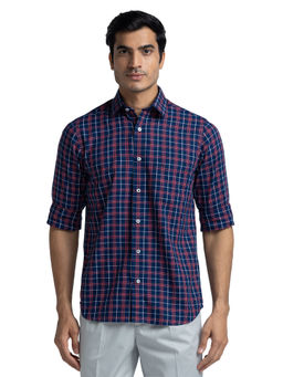 ColorPlus - Men Tailored Fit Cotton Checks Navy Blue Casual Shirt