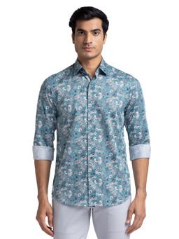 ColorPlus - Men Tailored Fit Cotton Floral Blue Casual Shirt