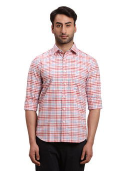 ColorPlus - Men Regular Fit Cotton Checks Red Casual Shirt