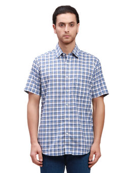 ColorPlus - Men Tailored Fit Cotton Checks Blue Casual Shirt