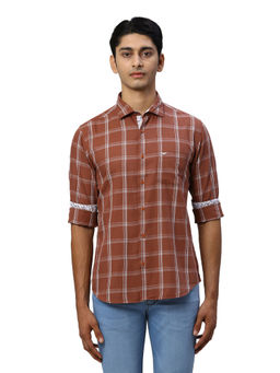 Park Avenue - Men Slim Fit Cotton Checks Rust Casual Shirt