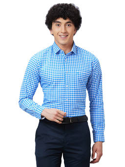 Raymond - Men Slim Fit Cotton Checks Blue Formal Shirt
