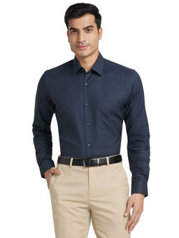 Raymond - Men Comfortable Fit Cotton Self Design Navy Blue Formal Shirt