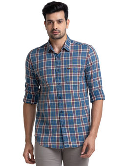 Parx - Men Slim Fit Cotton Checks Blue Casual Shirt