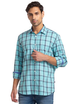 Parx - Men Slim Fit Cotton Checks Blue Casual Shirt