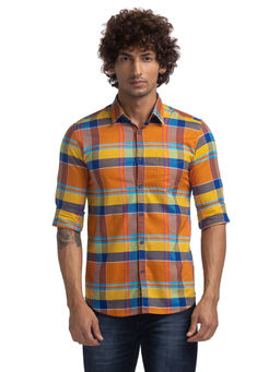 Parx - Men Slim Fit Cotton Checks Yellow Casual Shirt