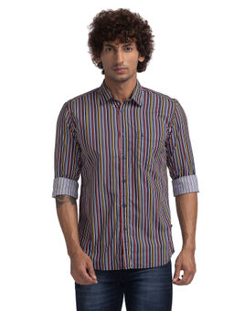 Parx - Men Slim Fit Cotton Stripes Navy Blue Casual Shirt