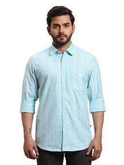 Parx - Men Slim Fit Cotton Stripes Blue Casual Shirt