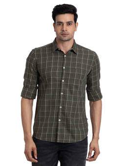 Parx - Men Slim Fit Cotton Checks Green Casual Shirt