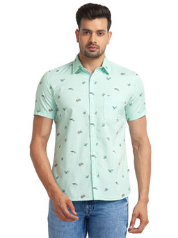 Parx - Men Slim Fit Cotton Printed Green Casual Shirt