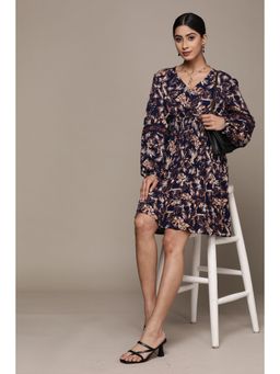 Label Ritu Kumar - Navy Blue Paisley Printed Knee Length Dress