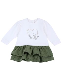 Chicco - Girls White and Green Printed Long Sleeve Dress