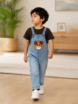 Little Surprise Box - Blue Bear Face Denim Dungaree