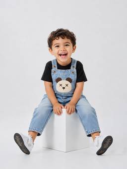 Little Surprise Box - Cross Eye Bear Face Denim Dungaree