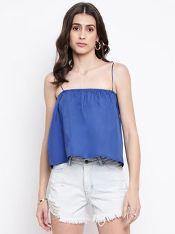 IKI CHIC - Blue Elasticated Square Neckline Flared Top with Thin Shoulder Strap