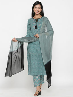 PINKVILLE JAIPUR - Teal Blue Printed Kurta-Pants-dupatta (Set of 3)