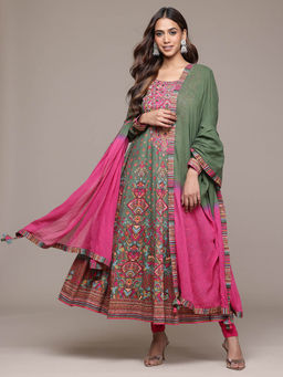 Ritu Kumar - Green Gopuram Printed Anarkali Kurta with Leggings and Dupatta (Set of 3)