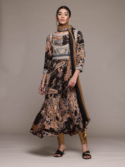 Ritu Kumar - Black Paisley Printed Anarkali Kurta with Leggings and Dupatta (Set of 3)