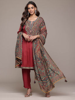 Ritu Kumar - Red Yale A-Line Embroidered Kurta with Pant and Dupatta (Set of 3)