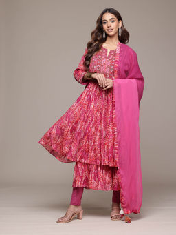 Ritu Kumar - Pink Niagra Printed Flared Kurta with Leggings and Dupatta (Set of 3)