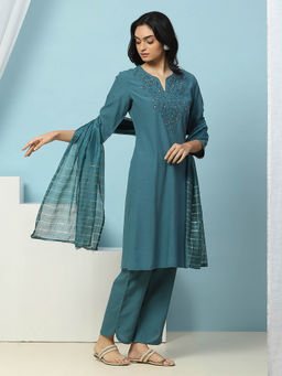 Nayam by lakshita - Teal Embroidered Cotton Calf Length Kurta with Dupatta (Set of 3)