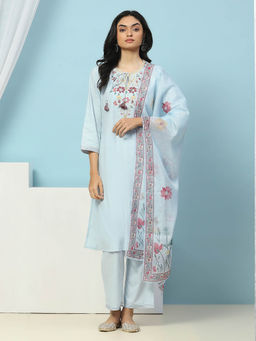 Nayam by lakshita - Blue Floral Embroidered Straight Kurta with Pant and Dupatta (Set of 3)