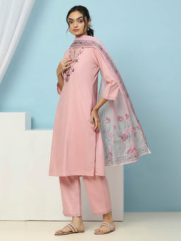 Nayam by lakshita - Pink Floral Embroidered Straight Kurta with Pant and Dupatta (Set of 3)