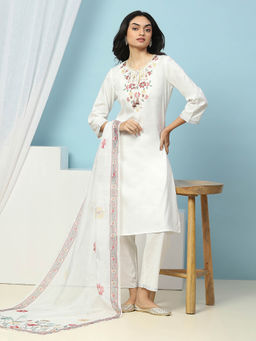 Nayam by lakshita - White Floral Embroidered Straight Kurta with Pant and Dupatta (Set of 3)
