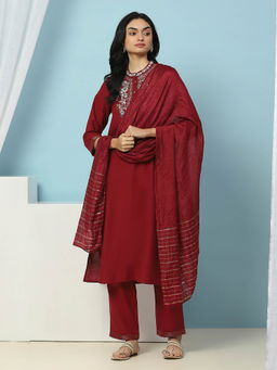 Nayam by lakshita - Dark Red Embroidered Straight Kurta with Pant and Dupatta (Set of 3)
