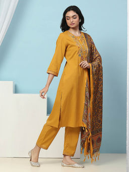 Nayam by lakshita - Mustard Floral Embroidered Straight Kurta with Pant and Dupatta (Set of 3)