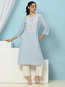 Nayam by lakshita - Blue Embroidered Straight Cotton Kurta and Pant (Set of 2)