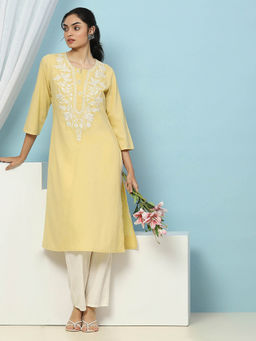 Nayam by lakshita - Yellow Embroidered Straight Cotton Kurta and Pant (Set of 2)