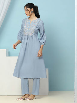 Nayam by lakshita - Blue Embroidered A-Line Cotton Linen Kurta and Pant (Set of 2)