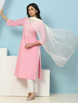 Nayam by lakshita - Pink Embroidered Cotton Kurta with Pant and Dupatta (Set of 3)