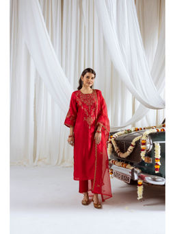 Nehamta - Womens Maroon Embroidered Kurta with Pant and Dupatta (Set of 3)