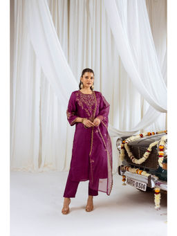 Nehamta - Womens Wine Embroidered Kurta with Pant and Dupatta (Set of 3)