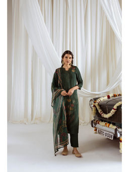 Nehamta - Womens Rama Green Printed Kurta with Pant and Dupatta (Set of 3)