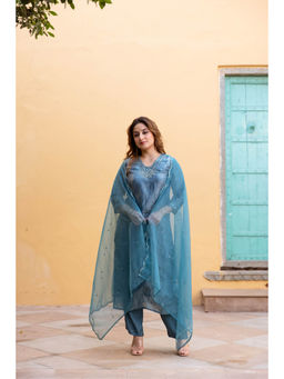 Nehamta - Womens Blue Sequined Kurta with Pant and Dupatta (Set of 3)