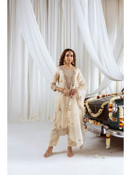 Nehamta - Womens Ivory Embroidered Kurta with Pant and Dupatta (Set of 3)