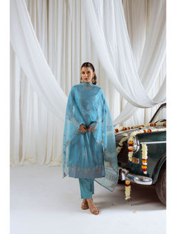 Nehamta - Womens Sky Blue Embroidered Kurta with Pant and Dupatta (Set of 3)