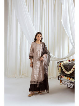 Nehamta - Womens Beige Floral Embroidered Kurta with Palazzo and Dupatta (Set of 3)