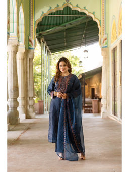 Nehamta - Womens Navy Blue Silk Kurta with Pant and Dupatta (Set of 3)