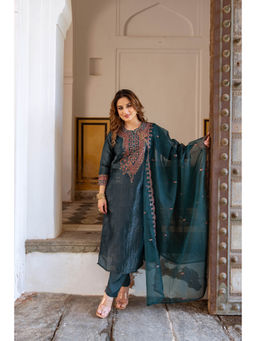 Nehamta - Womens Teal Silk Kurta with Pant and Dupatta (Set of 3)