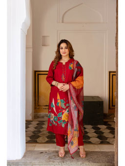 Nehamta - Womens Red Printed Embroidered Kurta with Pant and Dupatta (Set of 3)