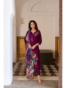 Nehamta - Womens Purple Printed Embroidered Kurta with Pant and Dupatta (Set of 3)