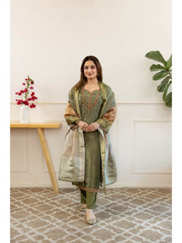 Nehamta - Womens Green Tissue Kurta with Pant and Dupatta (Set of 3)