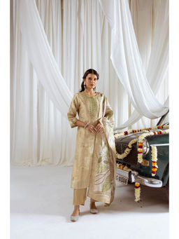 Nehamta - Womens Beige Embroidered Kurta with Pant and Dupatta (Set of 3)