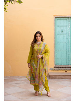 Nehamta - Womens Green Printed Kurta with Pant and Dupatta (Set of 3)